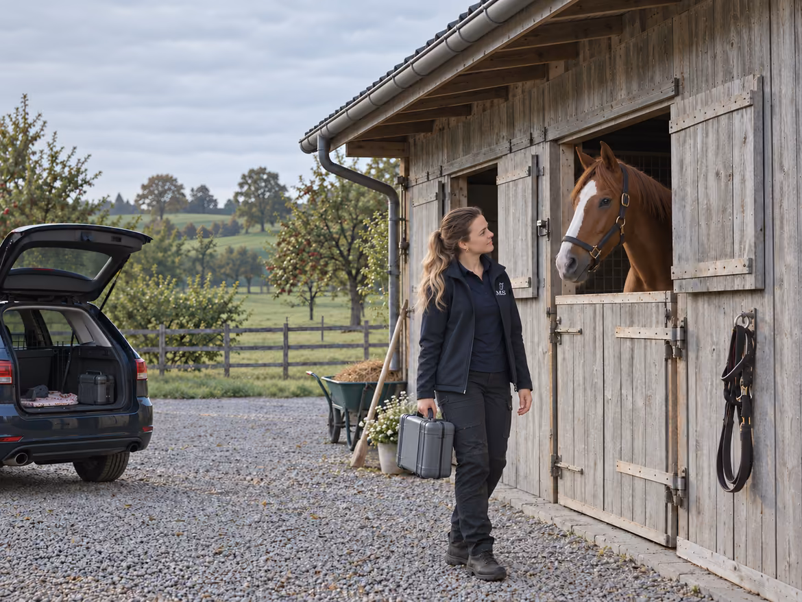 Dr. Merit Meier kommt mit dem Gerätekoffer an den Stall und schaut sich den Fuchs mit Blesse an seiner Boxentür genau an.